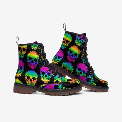 Rainbow Skull Combat Boots, Neon Punk Festival Shoes, Alternative Streetwear Footwear
