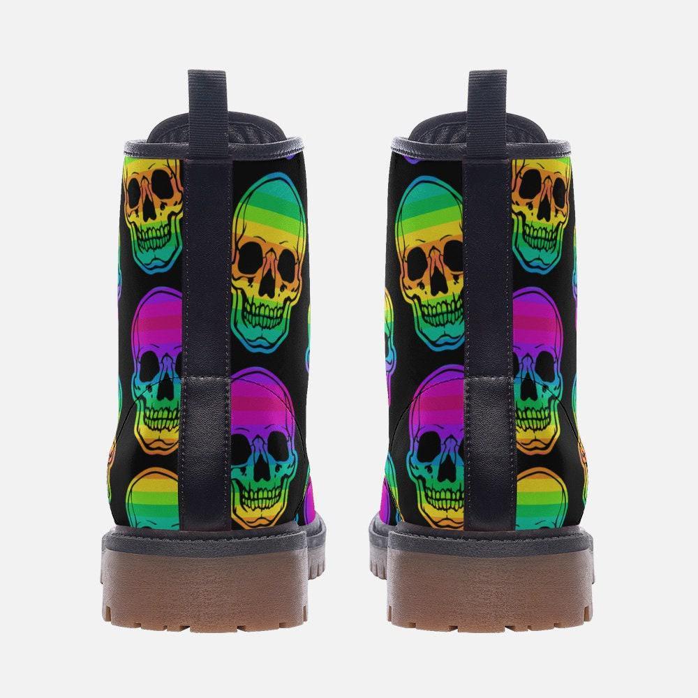 Rainbow Skull Combat Boots, Neon Punk Festival Shoes, Alternative Streetwear Footwear