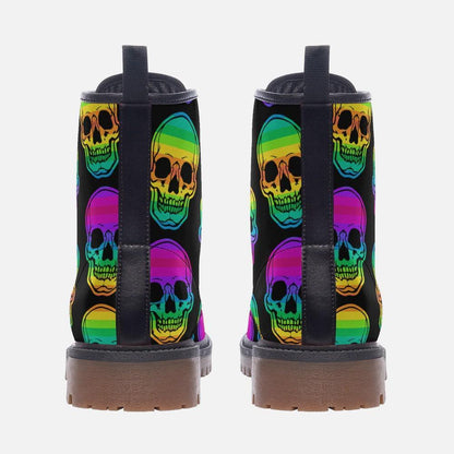 Rainbow Skull Combat Boots, Neon Punk Festival Shoes, Alternative Streetwear Footwear