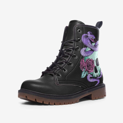 Pastel Goth Skull Snake Vegan Combat Boots, Celestial Witchy Festival Footwear