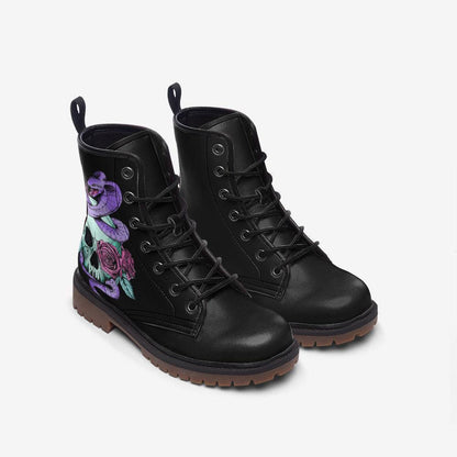 Pastel Goth Skull Snake Vegan Combat Boots, Celestial Witchy Festival Footwear