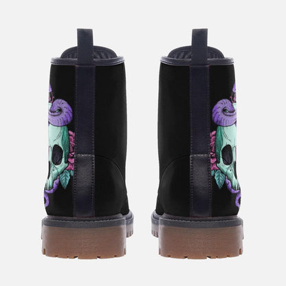Pastel Goth Skull Snake Vegan Combat Boots, Celestial Witchy Festival Footwear
