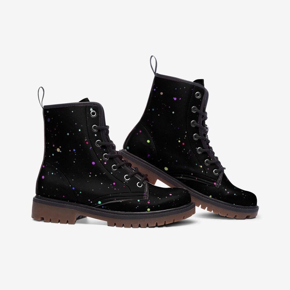 Black Paint Splatter Combat Boots, Colorful Festival Lace Up Ankle Shoes