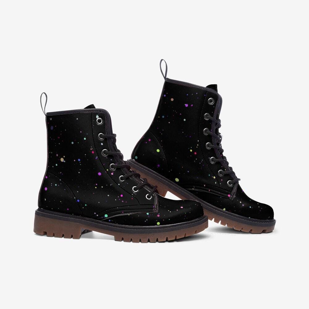 Black Paint Splatter Combat Boots, Colorful Festival Lace Up Ankle Shoes