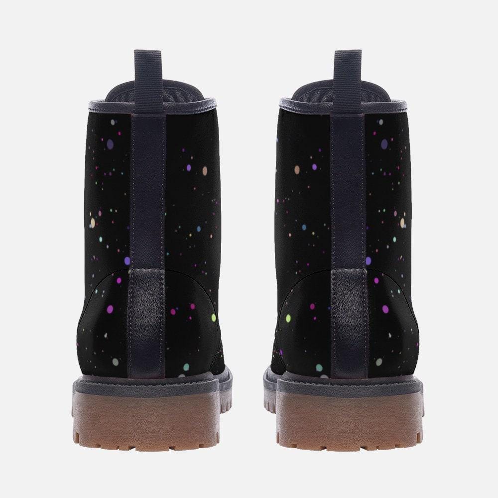 Black Paint Splatter Combat Boots, Colorful Festival Lace Up Ankle Shoes
