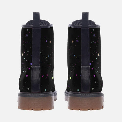 Black Paint Splatter Combat Boots, Colorful Festival Lace Up Ankle Shoes