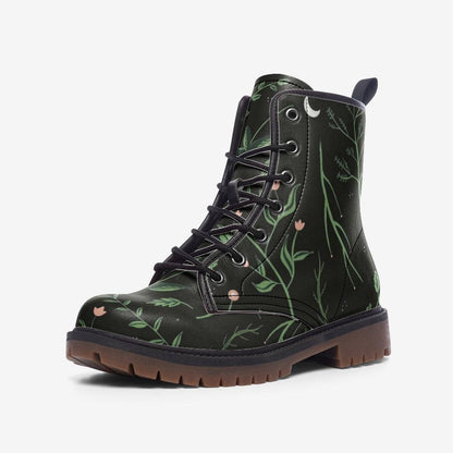 Green botanical combat boots, leaf lace up rave shoes, eco vegan leather