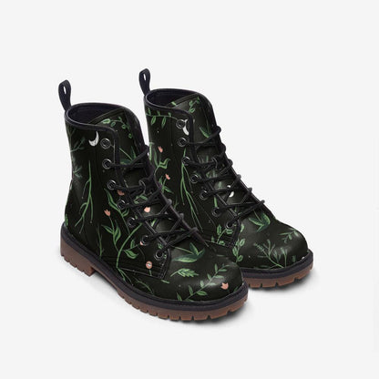 Green botanical combat boots, leaf lace up rave shoes, eco vegan leather