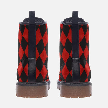 Red Black Harlequin Checker Combat Boots, Circuscore Platform Goth Punk Shoes