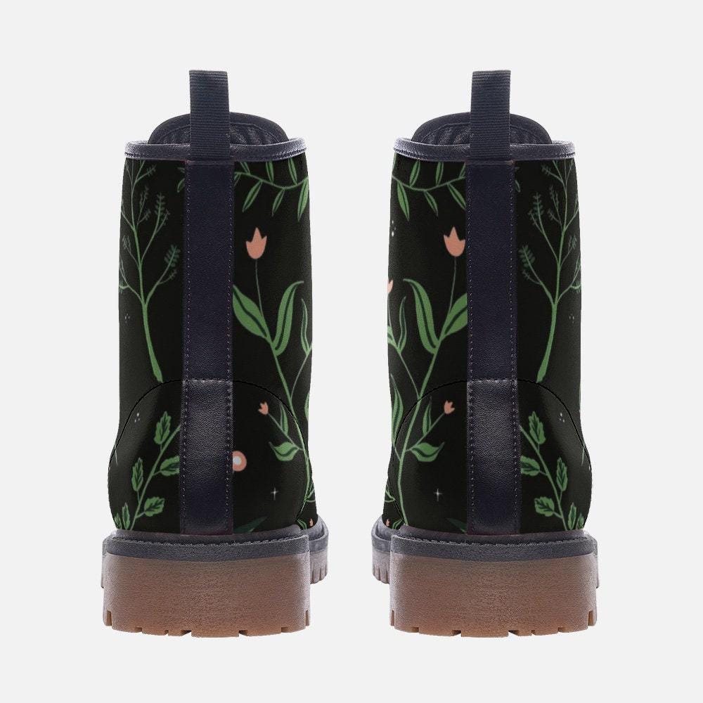 Green botanical combat boots, leaf lace up rave shoes, eco vegan leather