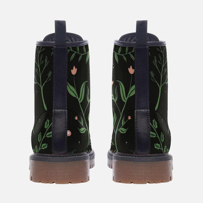 Green botanical combat boots, leaf lace up rave shoes, eco vegan leather