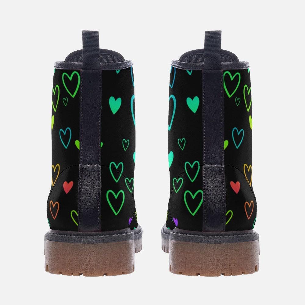 Rainbow Heart Combat Boots, Pastel Pride Lace Up Shoes, Vegan Leather Festival Footwear