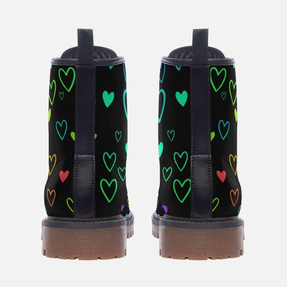 Rainbow Heart Combat Boots, Pastel Pride Lace Up Shoes, Vegan Leather Festival Footwear