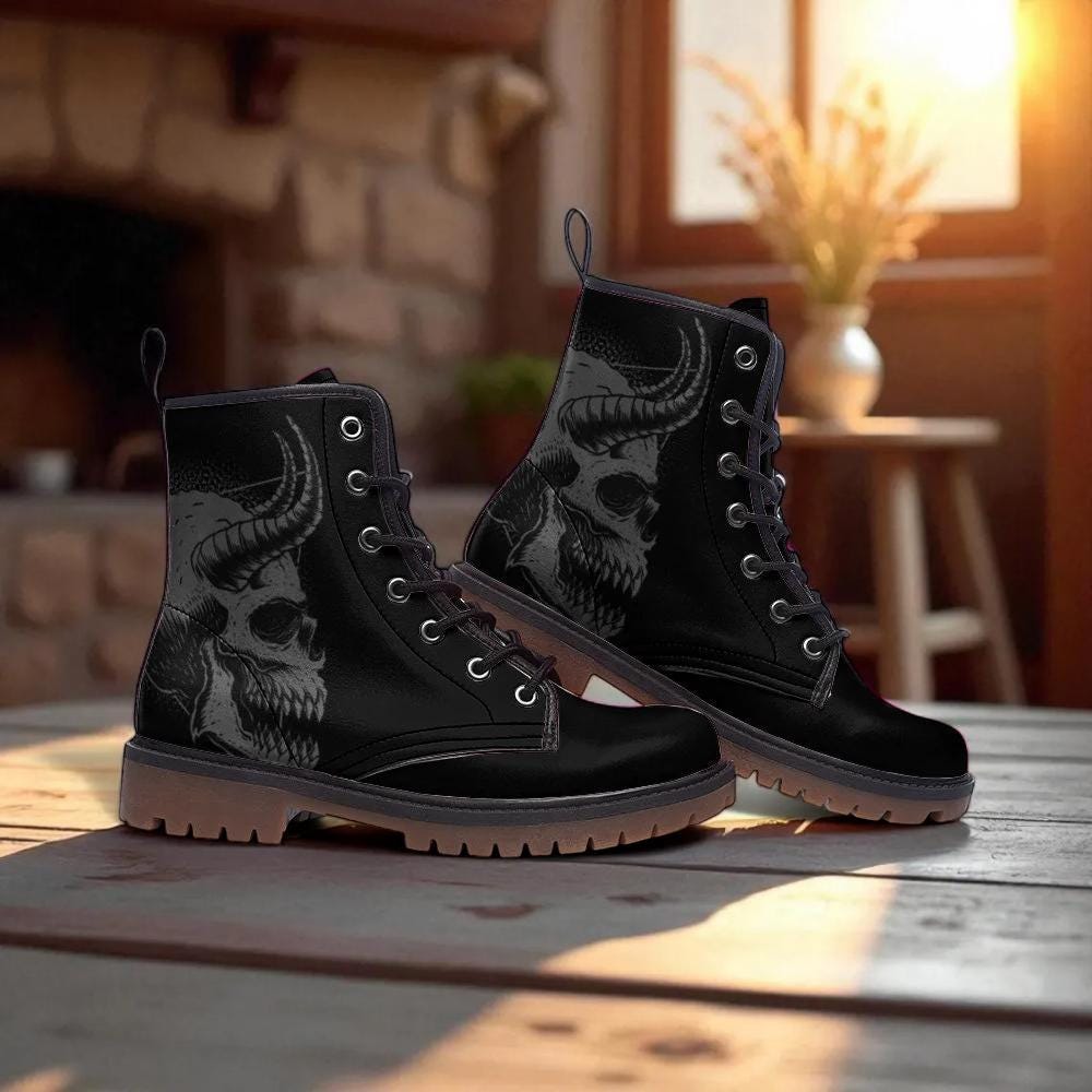 Gothic Skull Vegan Leather Combat Boots, Unisex Lace-Up Ankle Shoes, Punk Night Skull Boots