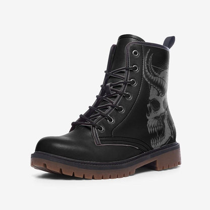 Gothic Skull Vegan Leather Combat Boots, Unisex Punk Lace-Up Ankle Shoes