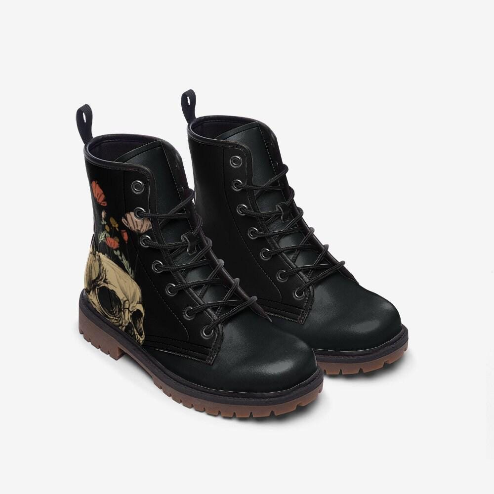 Floral Skull Combat Boots, Occult Rose Footwear, Gothic Witchy Alternative Style