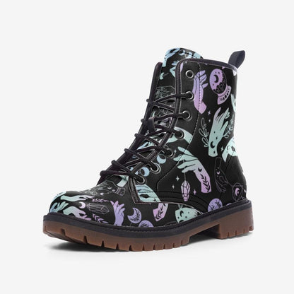 Witchy Combat Boots Celestial Moon Crystal Print Pastel Goth Lace Up Shoes