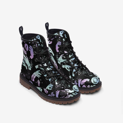 Witchy Combat Boots Celestial Moon Crystal Print Pastel Goth Lace Up Shoes