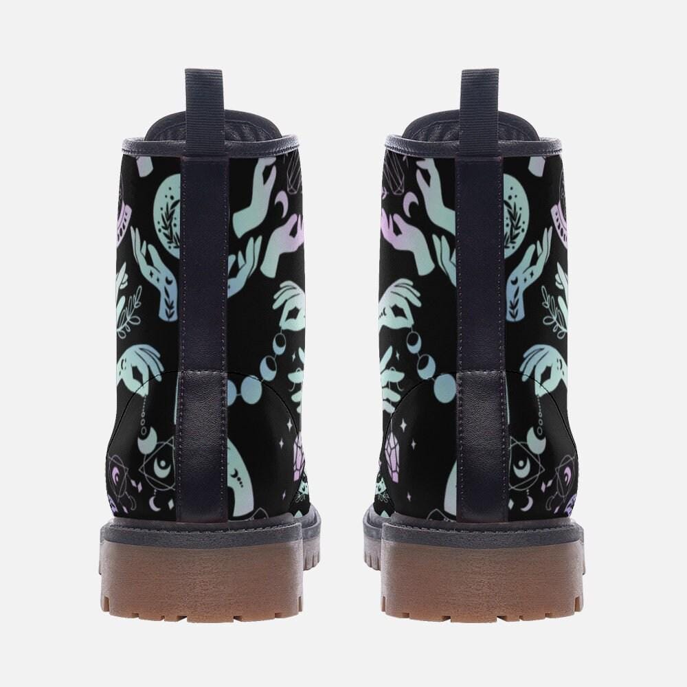 Witchy Combat Boots Celestial Moon Crystal Print Pastel Goth Lace Up Shoes