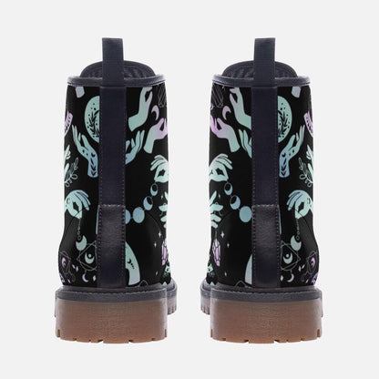 Witchy Combat Boots Celestial Moon Crystal Print Pastel Goth Lace Up Shoes