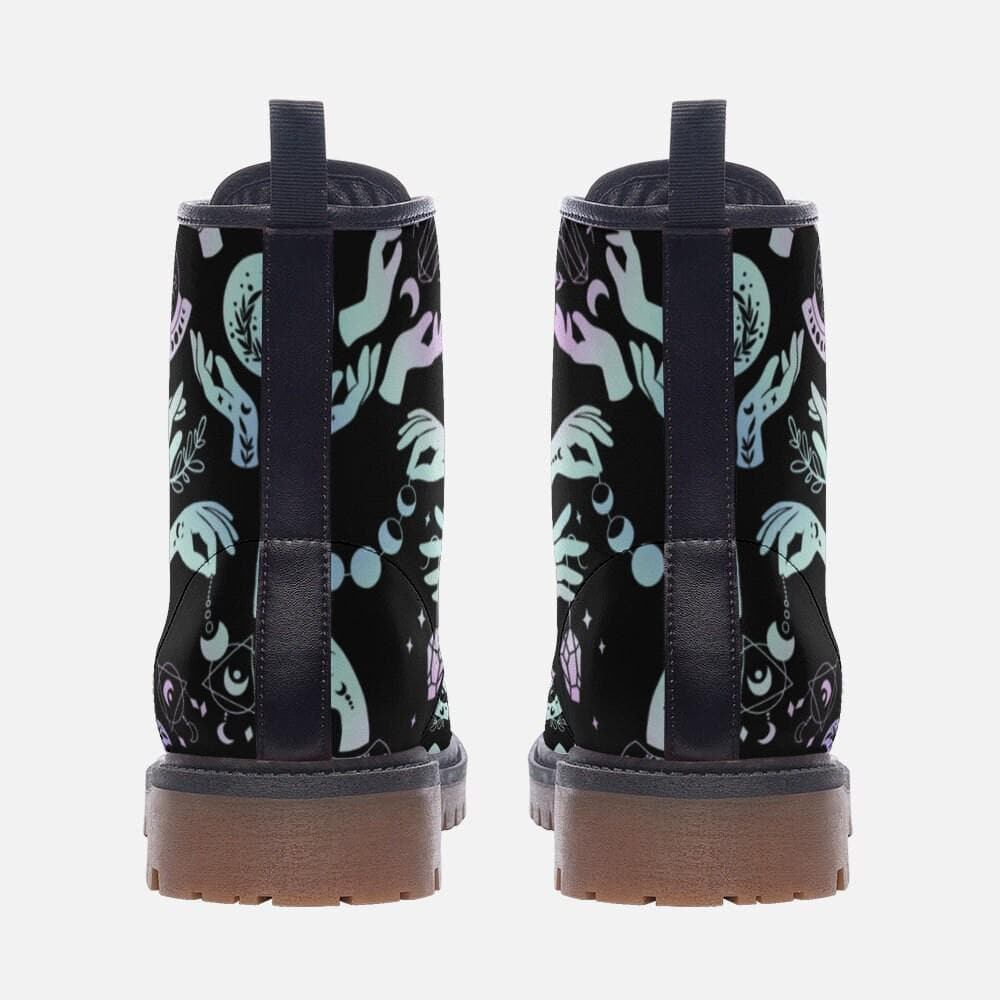 Witchy Combat Boots Celestial Moon Crystal Print Pastel Goth Lace Up Shoes