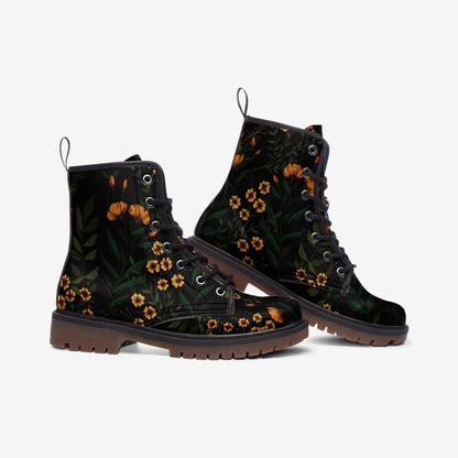 Black Floral Combat Boots, Cottage Goth Lace Up Ankle Boots, Moody Garden Shoes