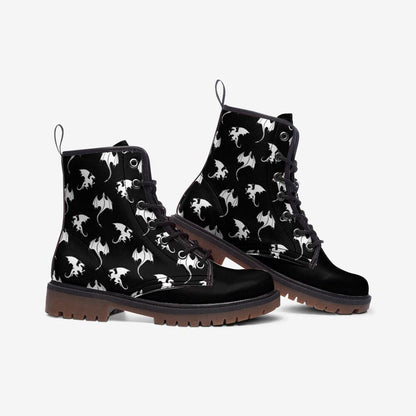 White dragon combat boots, fantasy lace-up shoes, vegan leather
