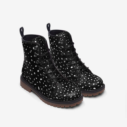 Black Speckled Combat Boots, Monochrome Lace Up Ankle Shoes for Minimalist Streetwear