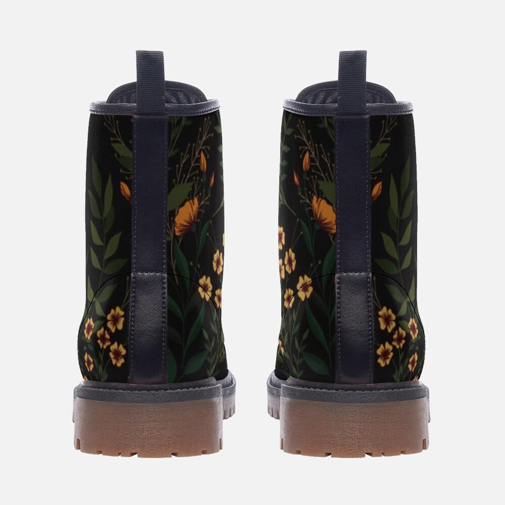 Black Floral Combat Boots, Cottage Goth Lace Up Ankle Boots, Moody Garden Shoes