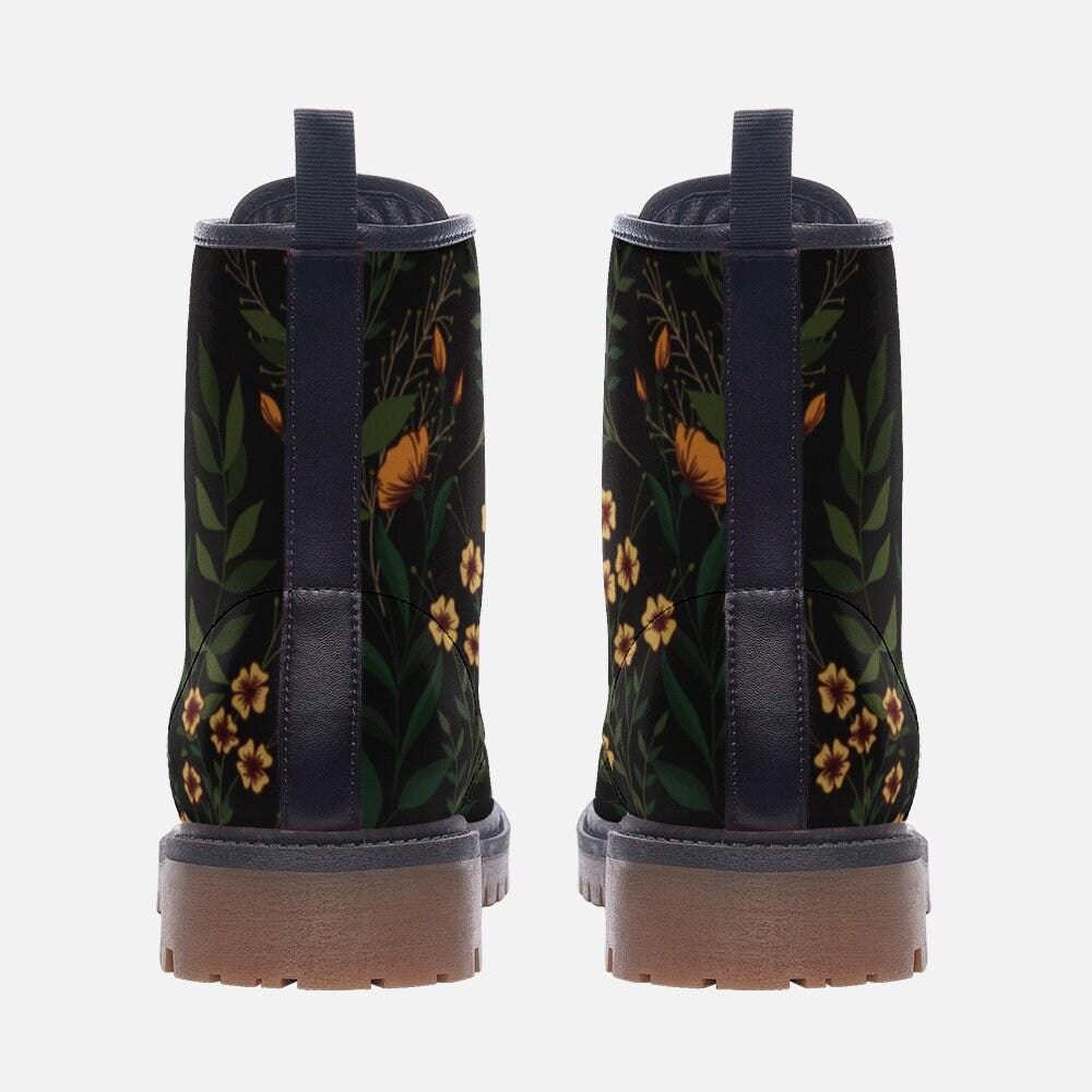 Black Floral Combat Boots, Cottage Goth Lace Up Ankle Boots, Moody Garden Shoes