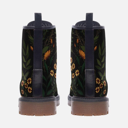 Black Floral Combat Boots, Cottage Goth Lace Up Ankle Boots, Moody Garden Shoes