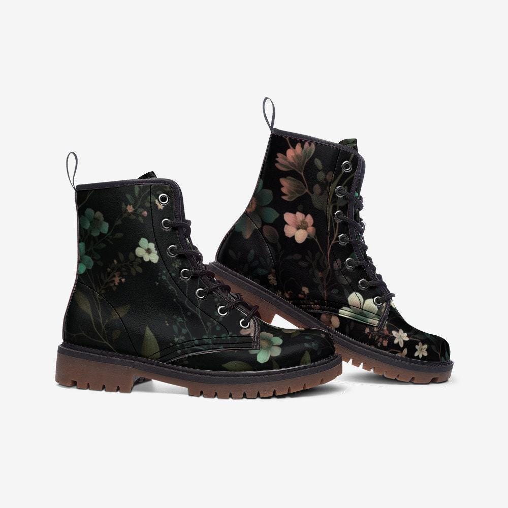Dark Floral Combat Boots, Gothic Botanical Lace Up Shoes, Cottagecore Grunge Festival Boots