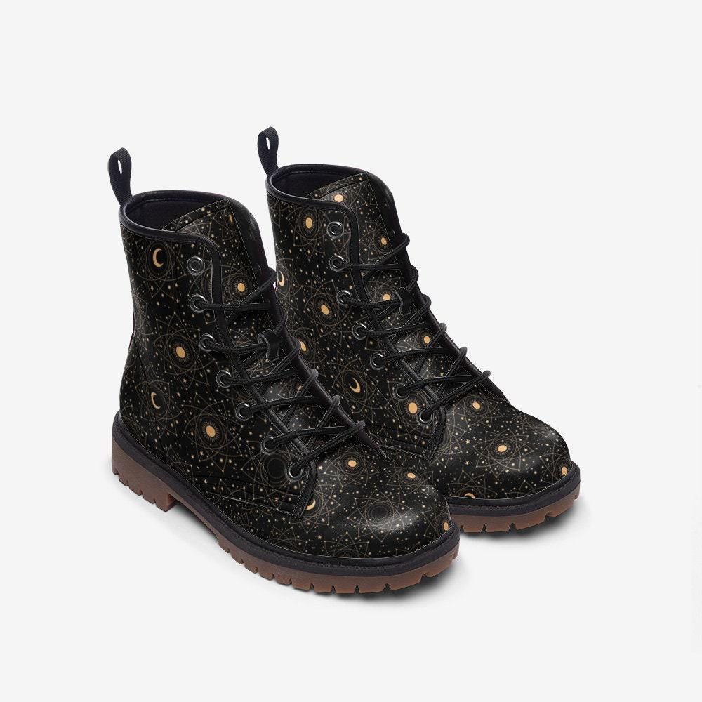 Celestial Moon Combat Boots, Witchy Starry Night Shoes, Occult Fashion