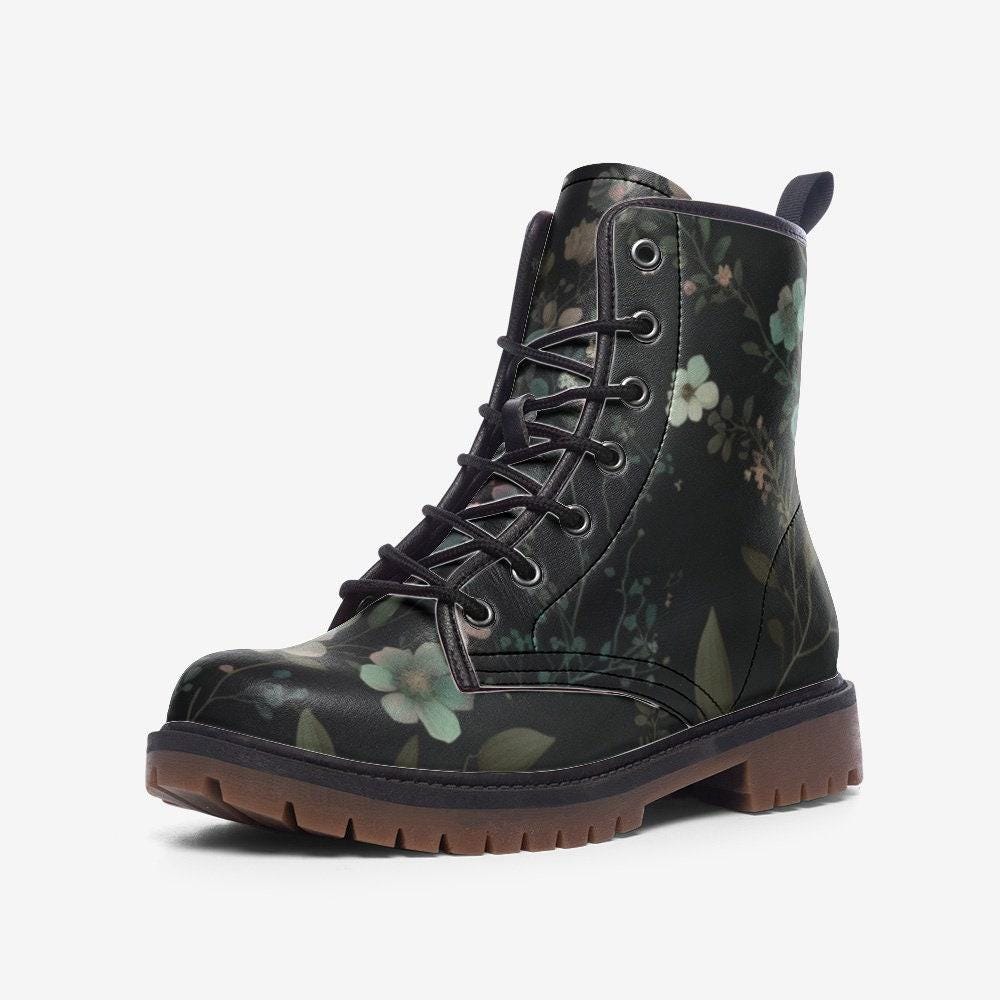 Dark Floral Combat Boots, Gothic Botanical Lace Up Shoes, Cottagecore Grunge Festival Boots