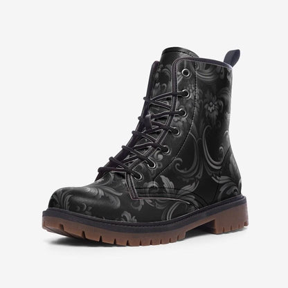 Gothic Damask Combat Boots, Black Victorian Floral Lace Up Boots, Dark Academia Shoes