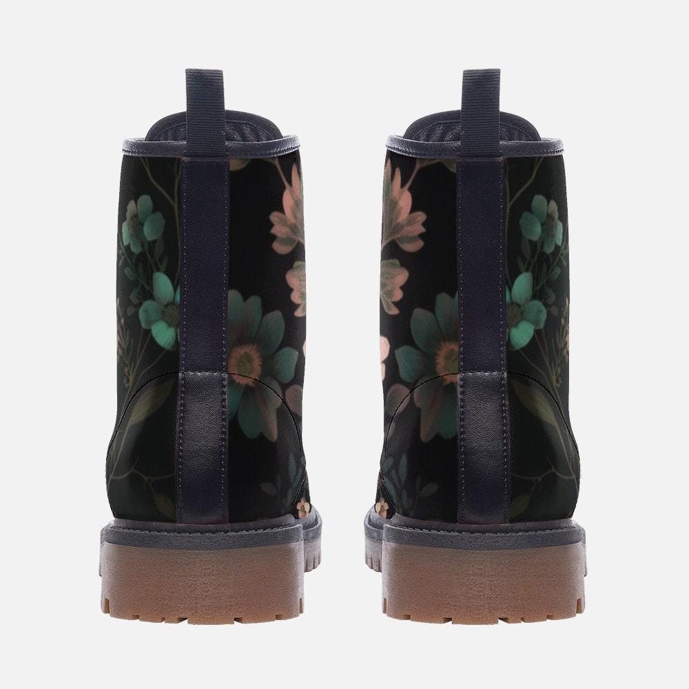 Dark Floral Combat Boots, Gothic Botanical Lace Up Shoes, Cottagecore Grunge Festival Boots
