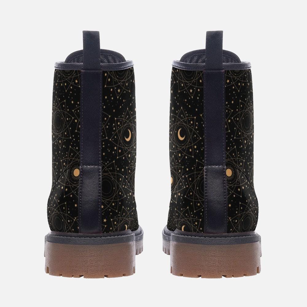 Celestial Moon Combat Boots, Witchy Starry Night Shoes, Occult Fashion