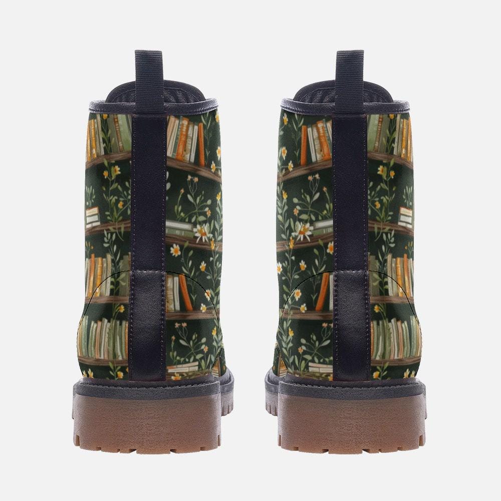 Dark Academia Boots Bookshelf Floral Print Book Lover Lace Up Shoes