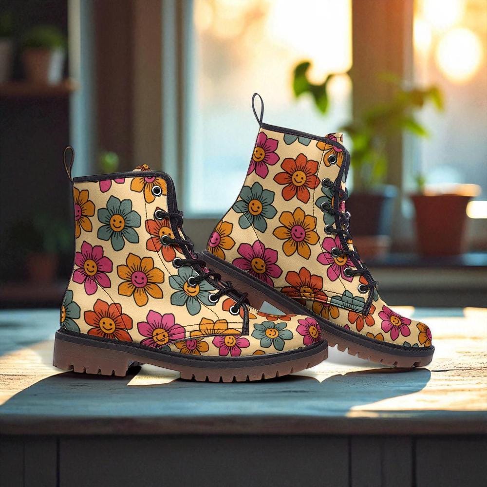 Vegan Combat Boots with Flower Pattern
