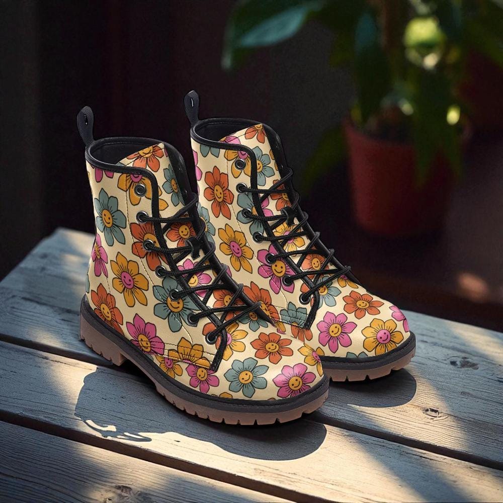 Vegan Combat Boots with Flower Pattern