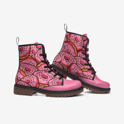 Donut Combat Boots Pink Lace Up Shoes, Sprinkle Print Ankle Boots for Sweet Style