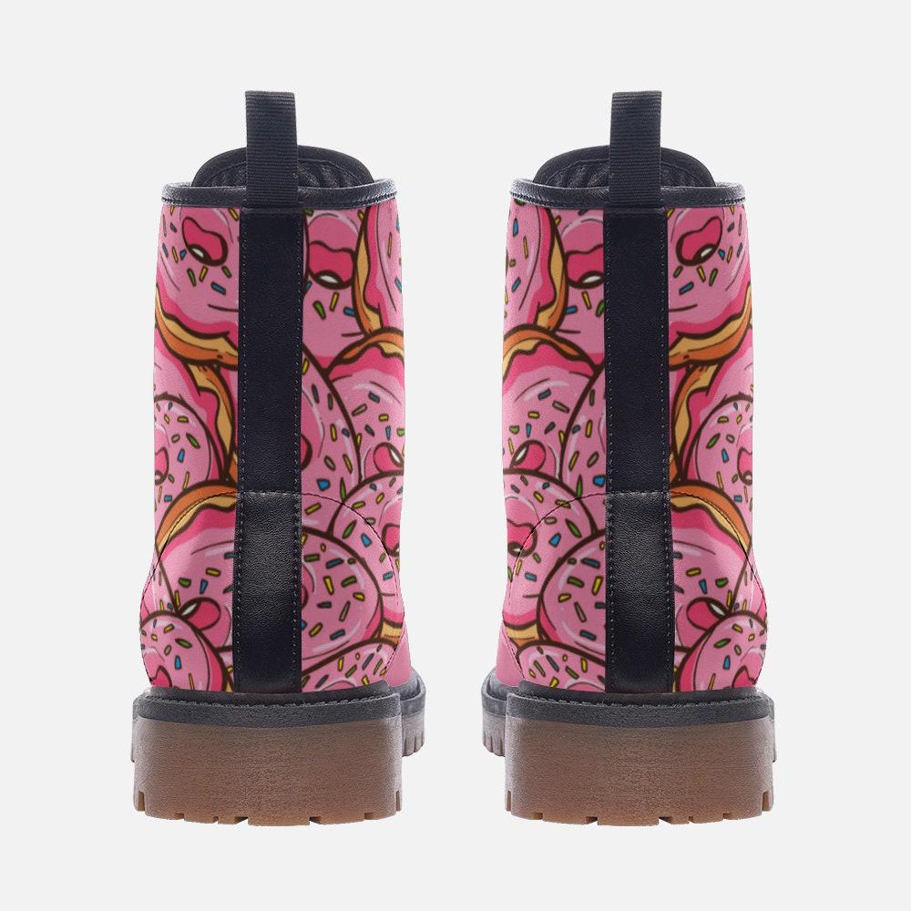 Donut Combat Boots Pink Lace Up Shoes, Sprinkle Print Ankle Boots for Sweet Style