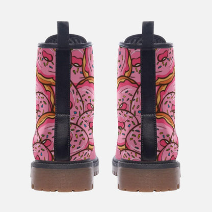 Donut Combat Boots Pink Lace Up Shoes, Sprinkle Print Ankle Boots for Sweet Style