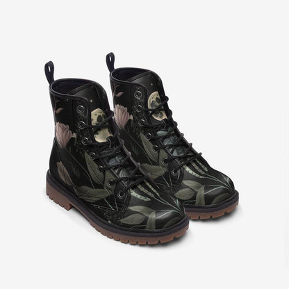 Golden Sun Moon Combat Boots, Celestial Floral Witchy Festival Shoes, Mystical Luminous Style