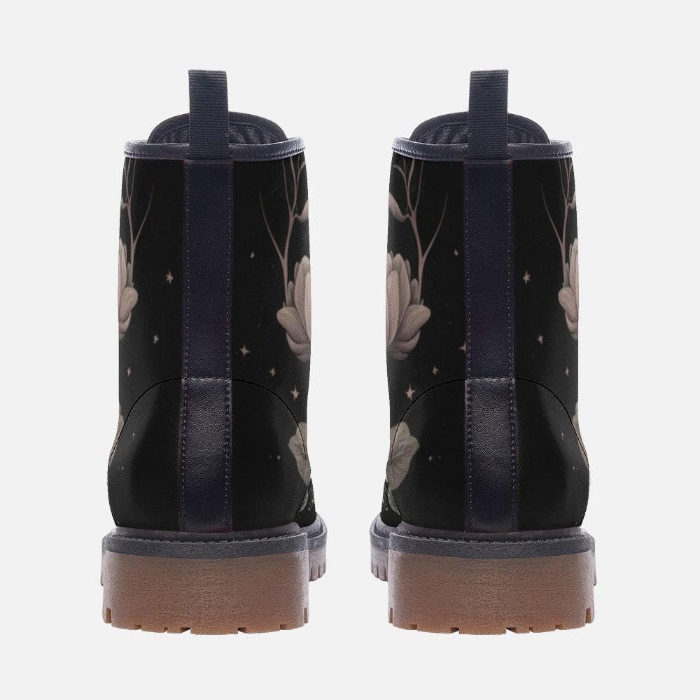Golden Sun Moon Combat Boots, Celestial Floral Witchy Festival Shoes, Mystical Luminous Style