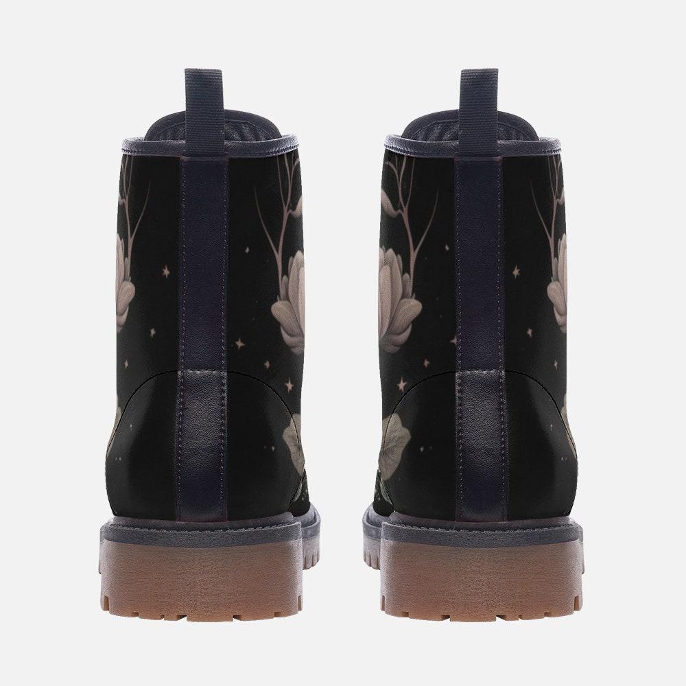 Golden Sun Moon Combat Boots, Celestial Floral Witchy Festival Shoes, Mystical Luminous Style