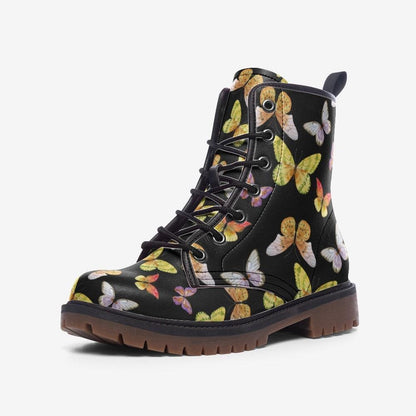 Butterfly Combat Boots, Vegan Leather Ankle Shoes, Colorful Nature-Inspired Chunky Boots, Unisex Lace-Up Footwear