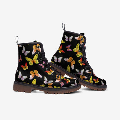 Butterfly Combat Boots, Vegan Leather Ankle Shoes, Colorful Nature-Inspired Chunky Boots, Unisex Lace-Up Footwear