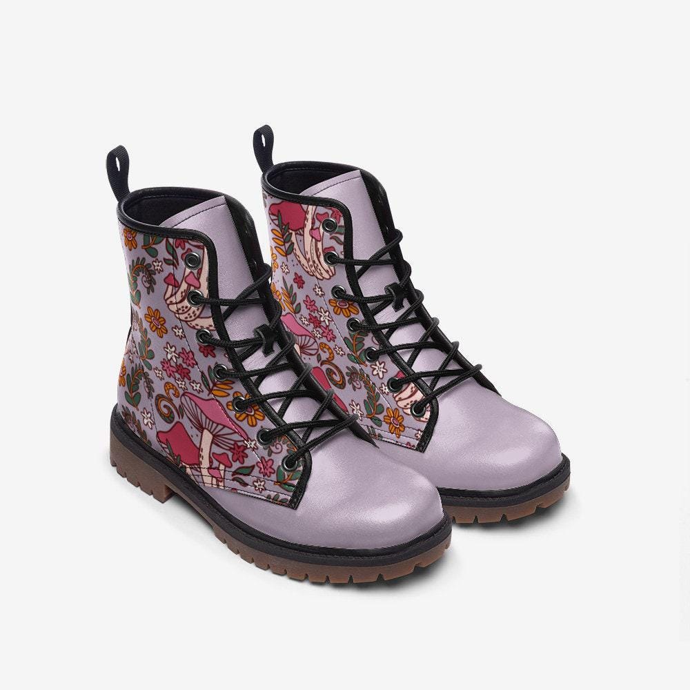Pastel mushroom combat boots, fairycore lace-up shoes, whimsical cottagecore festival footwear