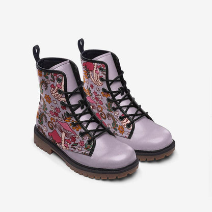 Pastel mushroom combat boots, fairycore lace-up shoes, whimsical cottagecore festival footwear
